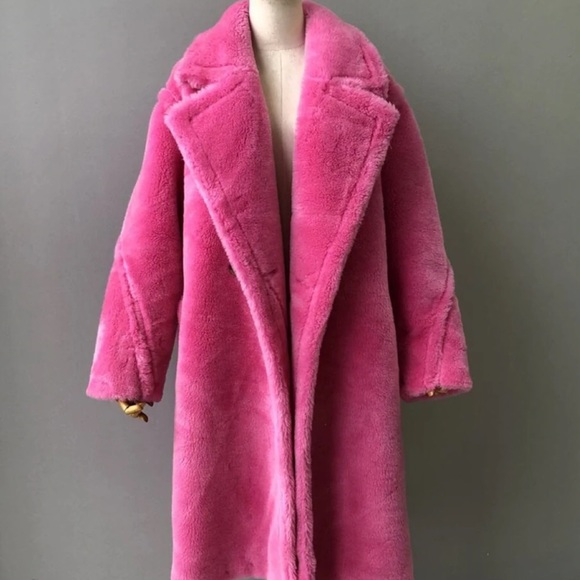 🆕AVEC LES FILLES WARM RICH FUSCIA HOT PINK BONDED FAUX FUR TRENCH TEDDY COAT - Picture 2 of 16